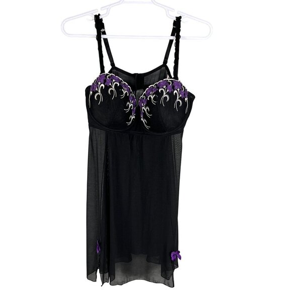 Cacique Womens 22-24 Babydoll Lingerie Black Purple Floral Embroidered Bows Sexy - Picture 6 of 11